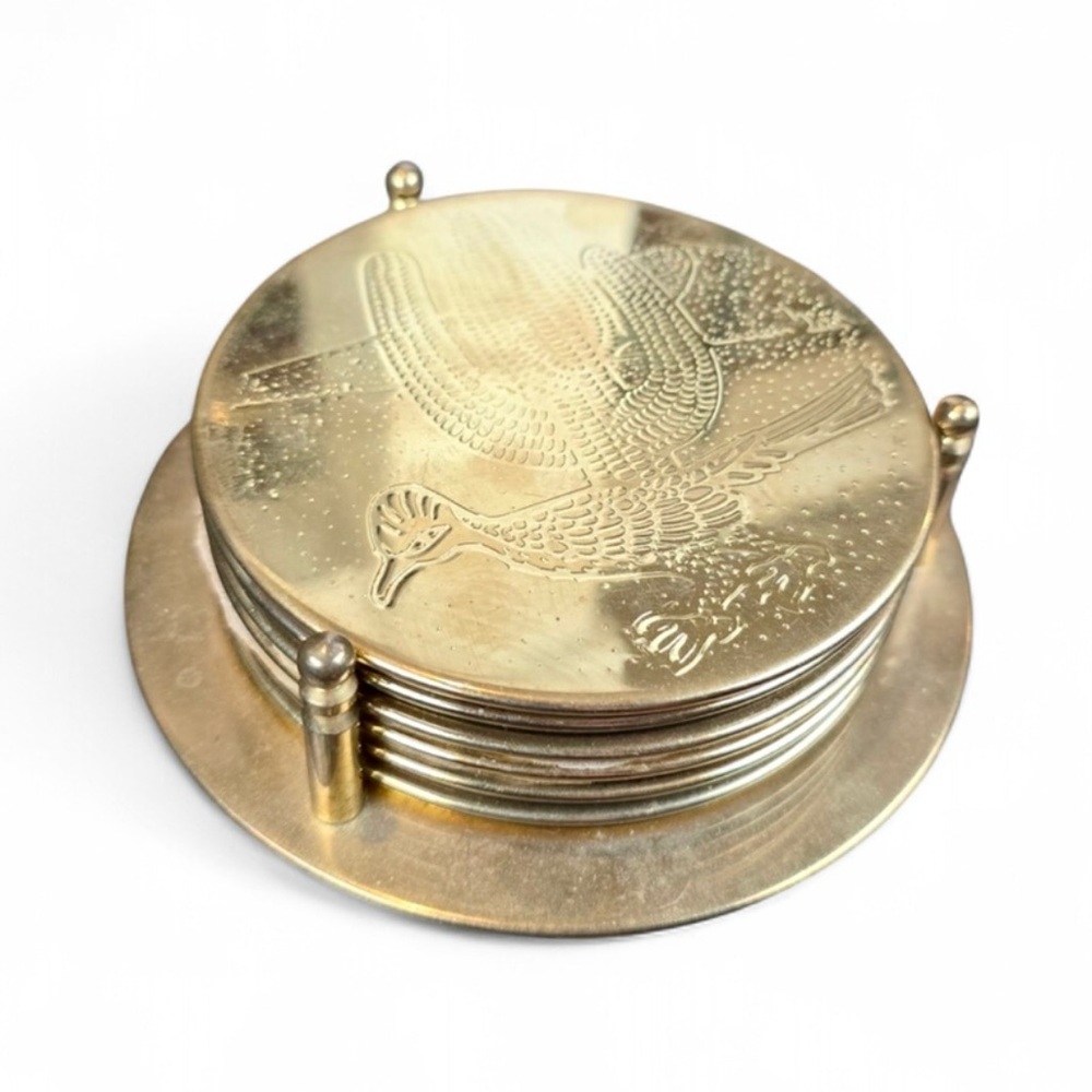 Vintage Brass Etched Engraved Southwestern Bird Wildlife Barware Coaster Set